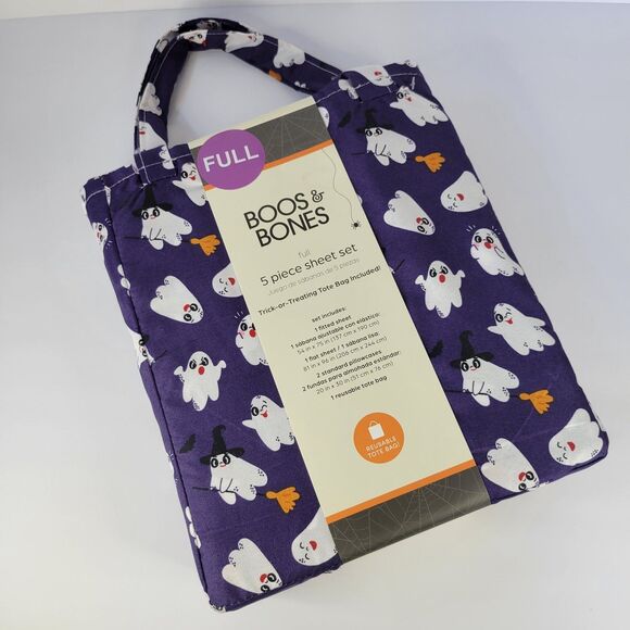 Halloween Purple White Cheeky Ghosts Boos Bones FULL 5pc Sheets Set Boys Bedding - Picture 1 of 11